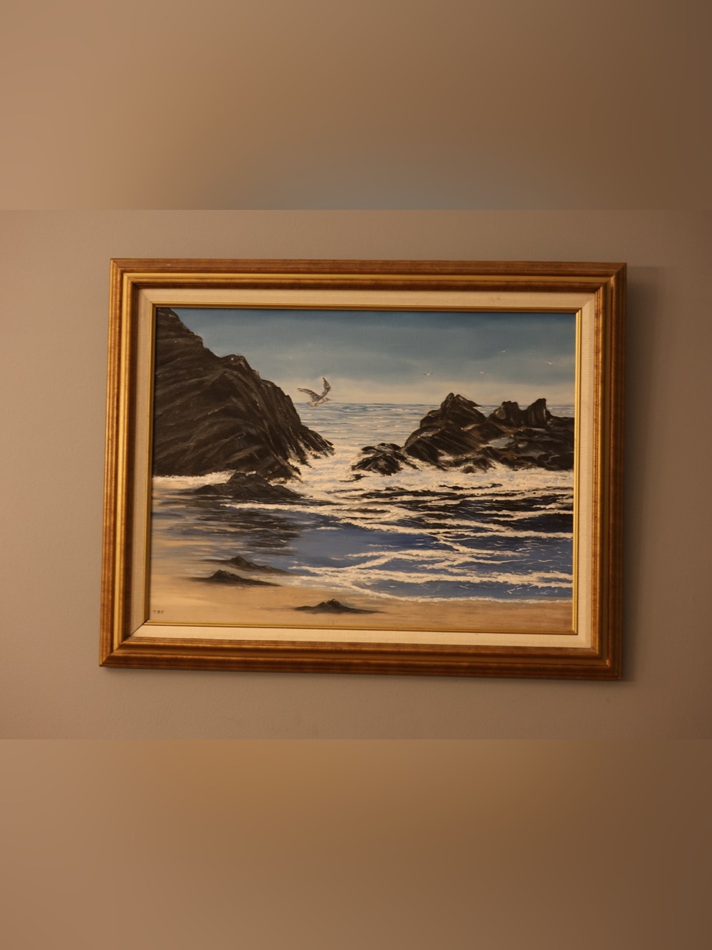 Seaside Oil Painting Wall Art in Blue and Black